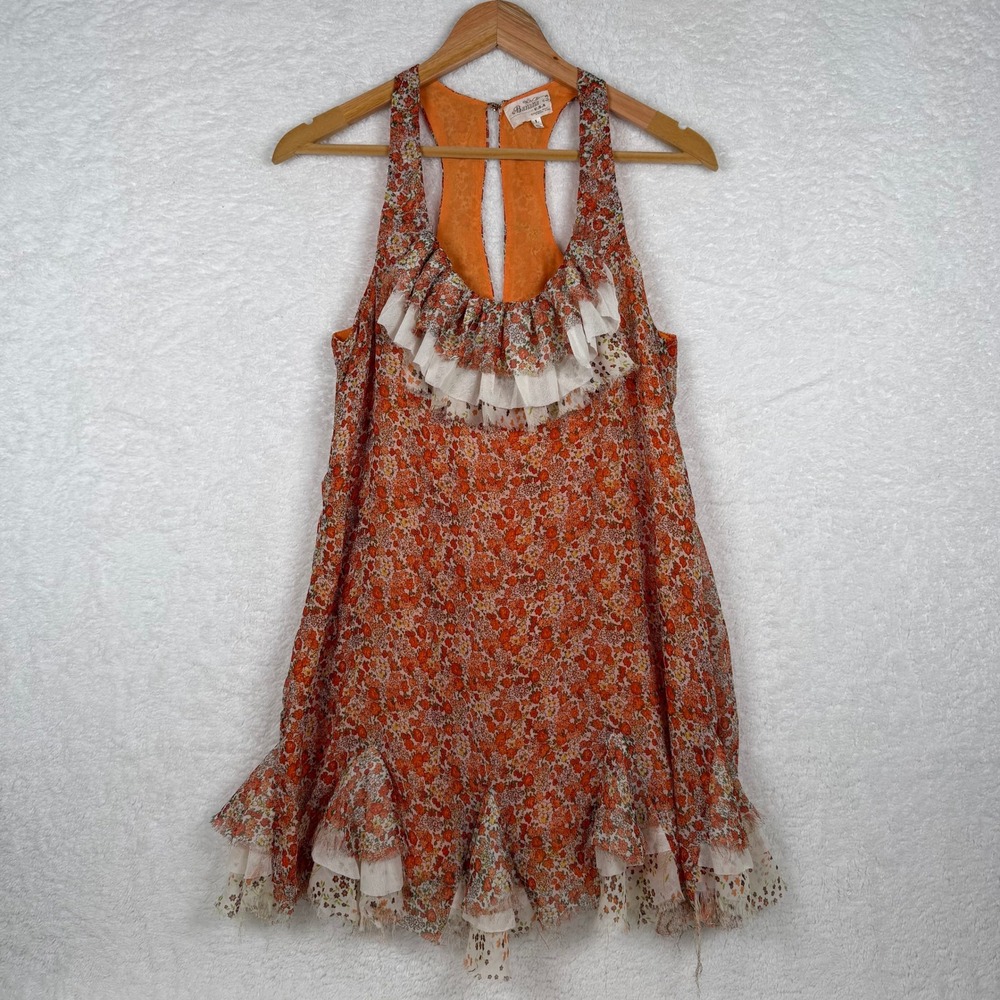 Banana USA Mini Dress‎ Womens Large Orange Floral Ruffle Racerback Boho Festival - Picture 2 of 10